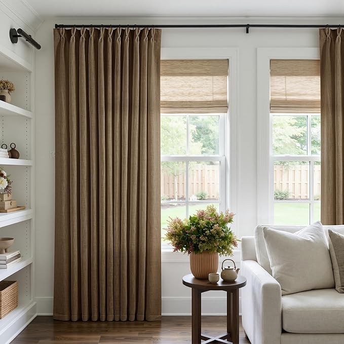 Extra Wide 84 Inch Long Curtains 70 Inch Wide Pinch Pleat Linen Curtains for Living Room Bedroom Light Filtering Privacy Pleated Drapes Hooks Rings Back Tab for Sliding Door Dutch Cocoa 1 Panel