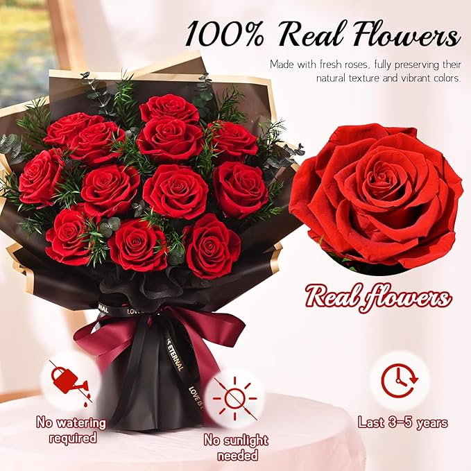 Flowers for Delivery Prime 12 Roses, Mothers Day Flowers for Mom, Mothers Day Gifts, Forever Roses Preserved Flowers Red Roses Bouquet Birthday Gifts for Women Gf Gifts Wedding Anniversary