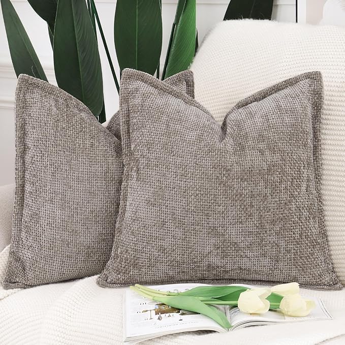 MADIZZ Decorative Chenille Velvet Throw Pillow Covers Set of 2 Soft Boho Textured Neutral Couch Throw Pillow for Bed Modern Farmhouse Home Decor for Sofa Livingroom Taupe 16x16 Inch