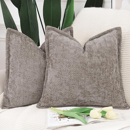 MADIZZ Decorative Chenille Velvet Throw Pillow Covers Set of 2 Soft Boho Textured Neutral Couch Throw Pillow for Bed Modern Farmhouse Home Decor for Sofa Livingroom Taupe 16x16 Inch