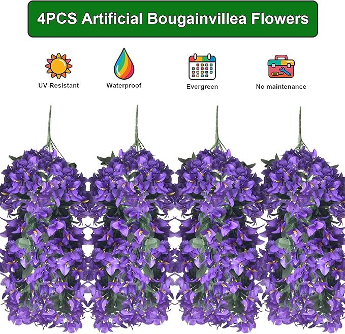 Grunyia 4 Pack Artificial Bougainvillea Hanging Basket Flowers – UV Resistant Fake Flowers with Silk Petals, Realistic Trailing Plants for Outdoor Indoor Wall Garden Home Wedding Decor (Purple)