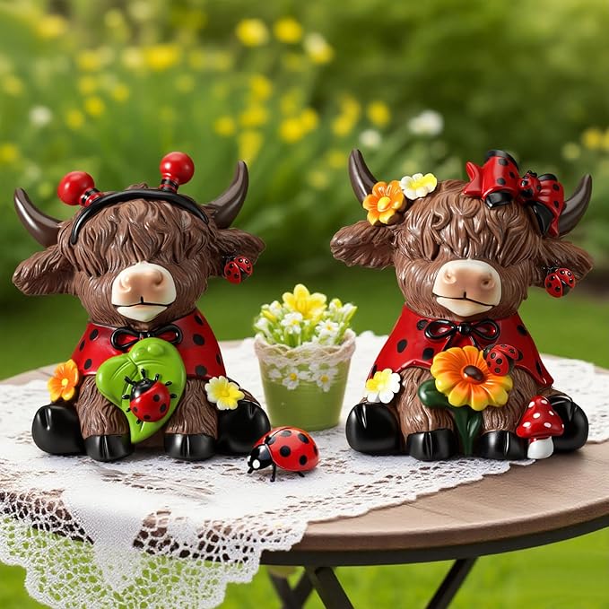 Karenhi 2 Pcs Spring Ladybug Highland Cow Figurines, Summer Ladybird Cute Resin Cow Decoration Statue Calf Gifts for Home Garden Kitchen Office Tiered Tray Table Decor