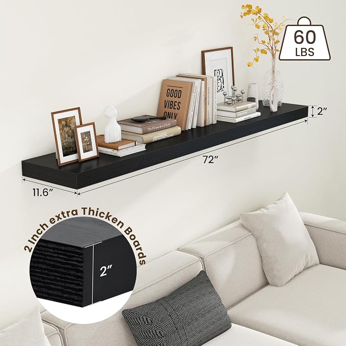 FLYJOE Deep Floating Shelves, 72 Inch Black Shelves Set of 1 | 12 Inch Deep Shelves for Wall, 72'' x 12'' Rustic Black Wood Shelves for Bathroom Living Room Laundry Room Kitchen