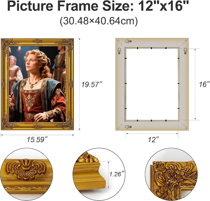 ArtXO Gold 12x16 Picture Frames: Wooden Wall Frames for 12 by 16 Photo Display, Vintage Picture Frames, Ornate Photo Frames 16x12 without Glass and Back