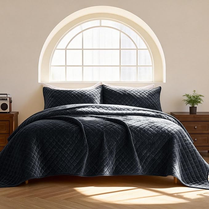 3-Piece Velvet Quilt Set Oversized King Size 120"x128" Bed Blanket Quilted Bedspread Soft Luxury Bedding with 2 Pillow Shams 20''x36'' for All-Season,Blue-Gray