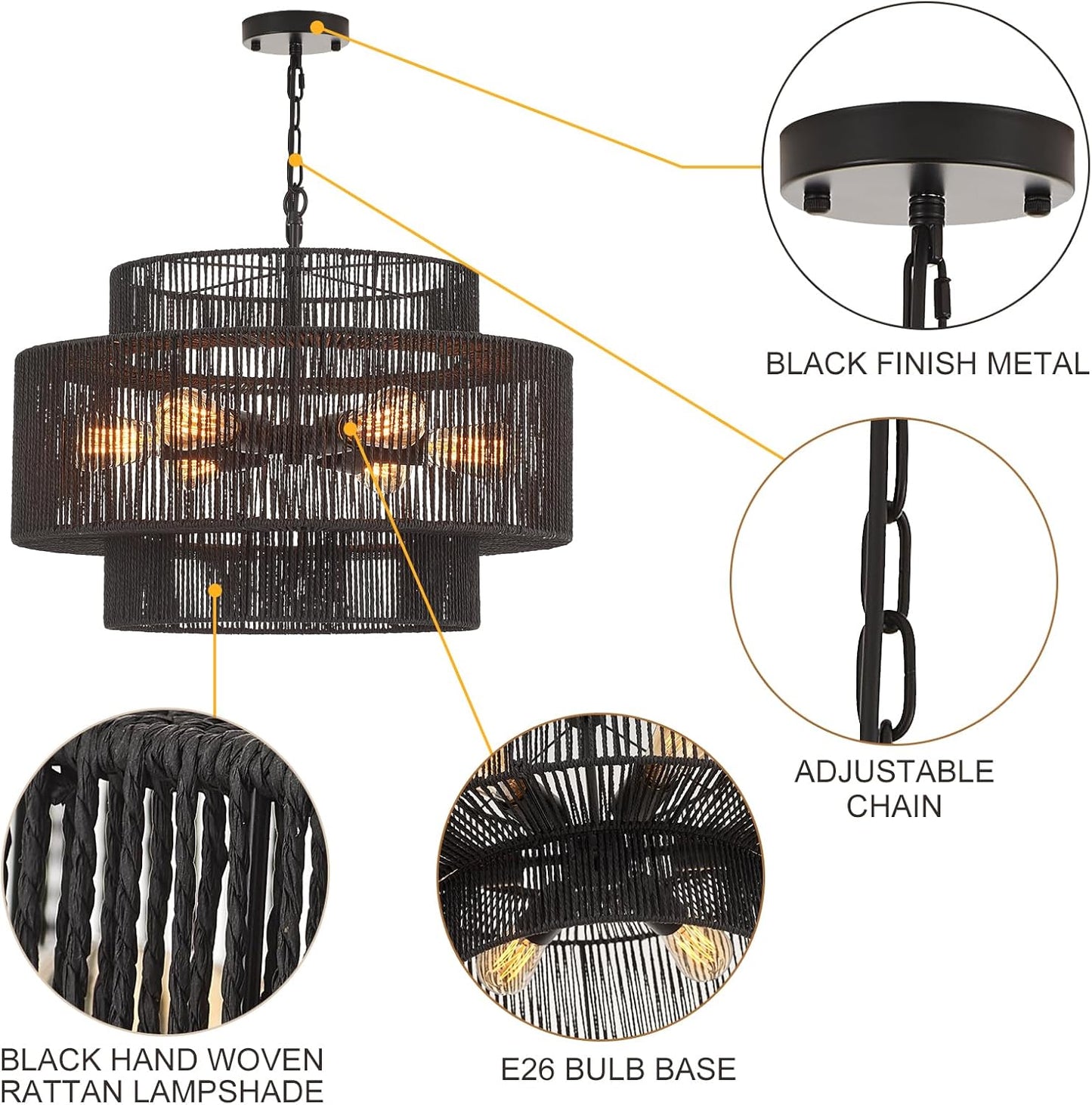 Hand-Woven Rattan Chandelier Vintage 6-Light Farmhouse Boho Bamboo Chandeliers Light Fixture 23.6" Retro 3-Tier Drum Wicker Rattan Black Chandelier for Dining Room, Kitchen Island, Bedroom
