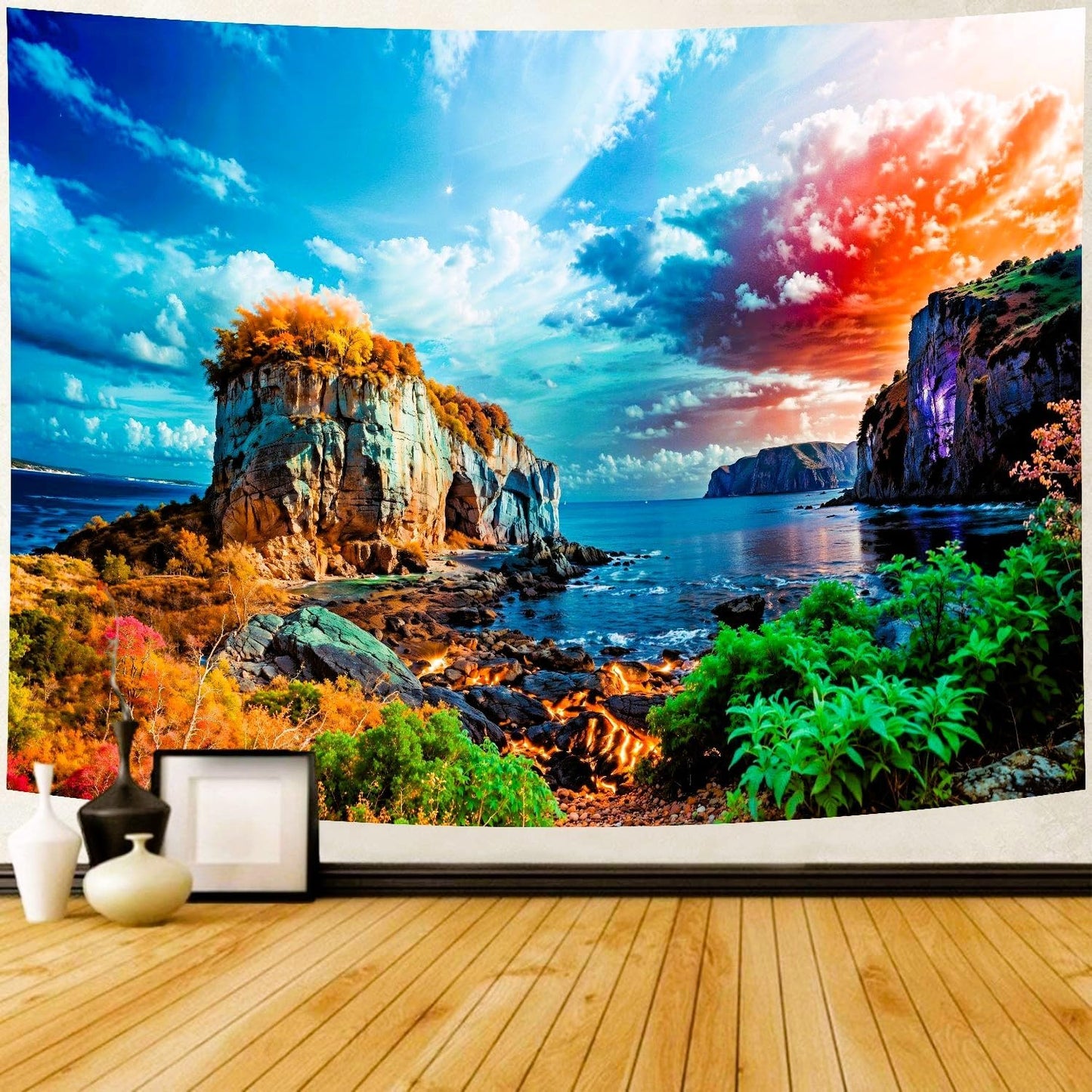 Delur Coastal Ocean Beach Tapestry Tropical Forest Tree Sunrise Sea Landscape Tapestry Wall Hanging Wave Sunset Nature Colorful Spiritual Headboard for Bedroom Living Room Home Decor (59.1" x 78.7")