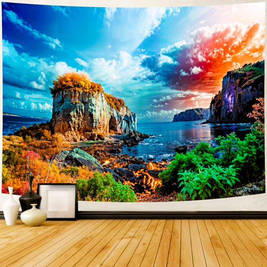 Delur Coastal Ocean Beach Tapestry Tropical Forest Tree Sunrise Sea Landscape Tapestry Wall Hanging Wave Sunset Nature Colorful Spiritual Headboard for Bedroom Living Room Home Decor (70.8" x 92.5")