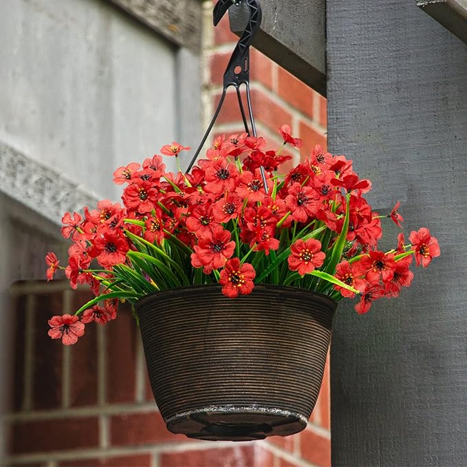 LikSoor 21 Bundles Artificial Outdoor UV Resistant Flowers No Fade Fake Outside Flowers Plastic Greenery Faux Shrubs Garden Porch Window Box Home Decoration (red)