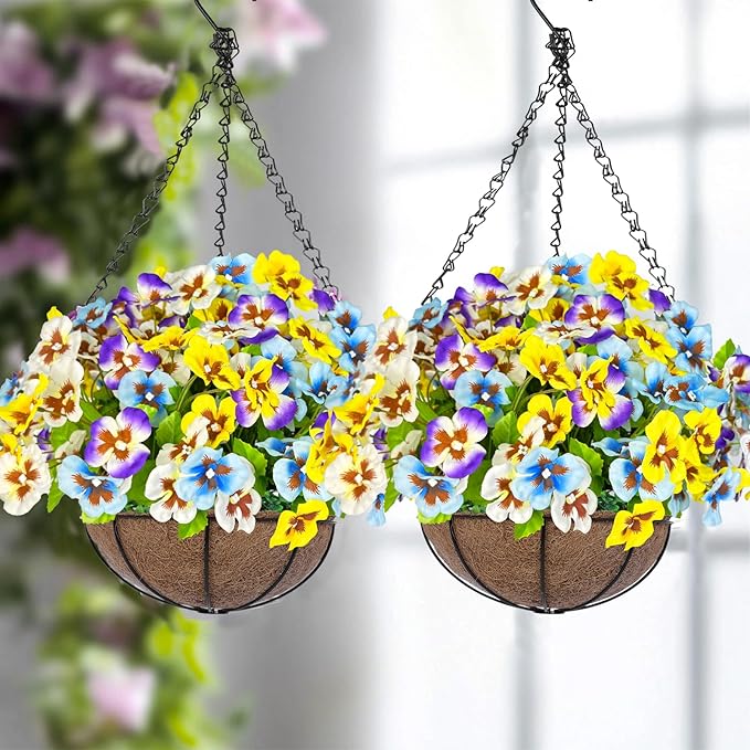 Artificial Hanging Flowers Plants Basket Outdoor Outside Decoration, Pansies UV Resistant Waterproof Colorful Silk Flowers Fake Hanging Planters for Porch Patio Balcony Yard Home Decor