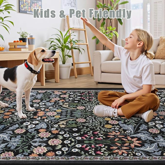 Runner Rug for Entryway: 2.6x10 Kitchen Rugs Non Slip Washable Ultra-Thin Soft Floral Carpet Indoor Floor Stain Resistant Carpets for Hallway Bedroom Kitchen Laundry Bathroom Dorm Dark Black