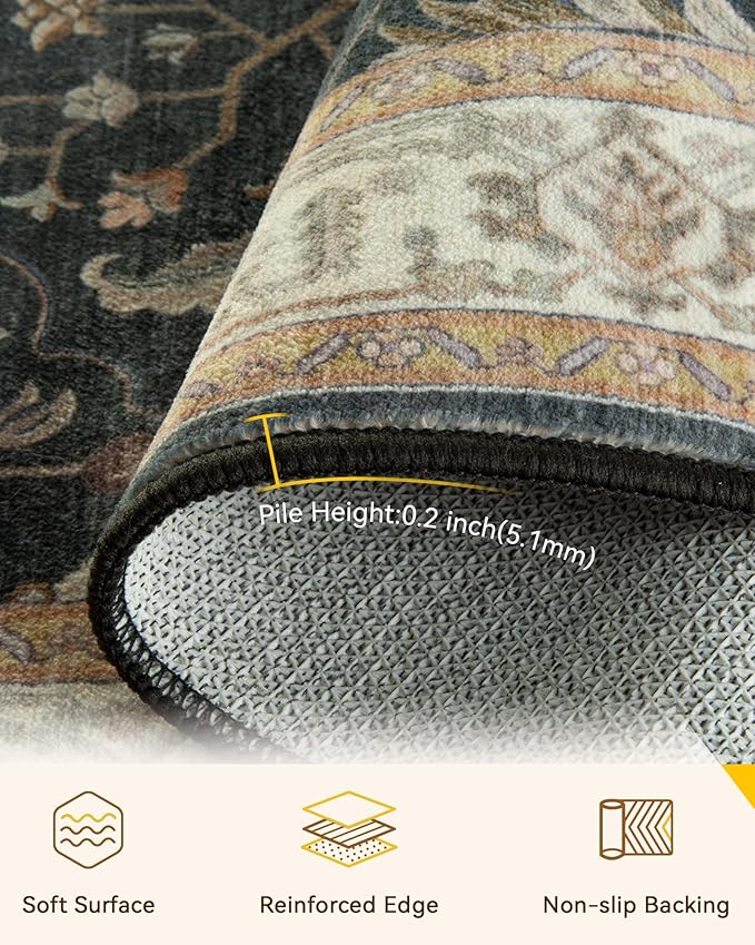 RELEANY Area Rugs 8'x10' Washable Non-Slip, Floral Vintage Distress Print Pattern Medallion Carpet for Living Room Bedroom Dining Room, Vintage Black Brown Neutral