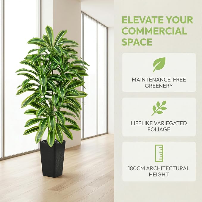 Artificial Dracaena Tree：6FT Faux Silk Tropical Yucca Floor Trees Realistic Fake Green Plant with Natural Wood Trunk & Lifelike Leaves for Home Office Decor Indoor & Outdoor (6FT,1-Pack,Black)
