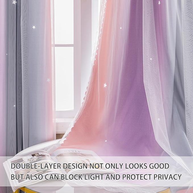 XiDi Girls Blackout Curtains for Bedroom Decor 54 inches Long Window Curtains Colorful Rainbow Design 2 Panel Sets, Kids Room Unicorn Princess Theme Home Decor Ombre Drapes Grey/Pink/Purple W34 X L54