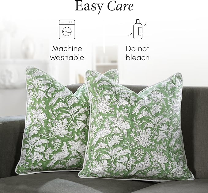 CPC 100% Cotton Throw Pillow Covers 18x18 Inch, Set of 2 Green Block Print Pattern Couch Pillow, Cute Boho Decorative Pillows for Living Room, Bedroom with Hidden Zipper- Olive Green