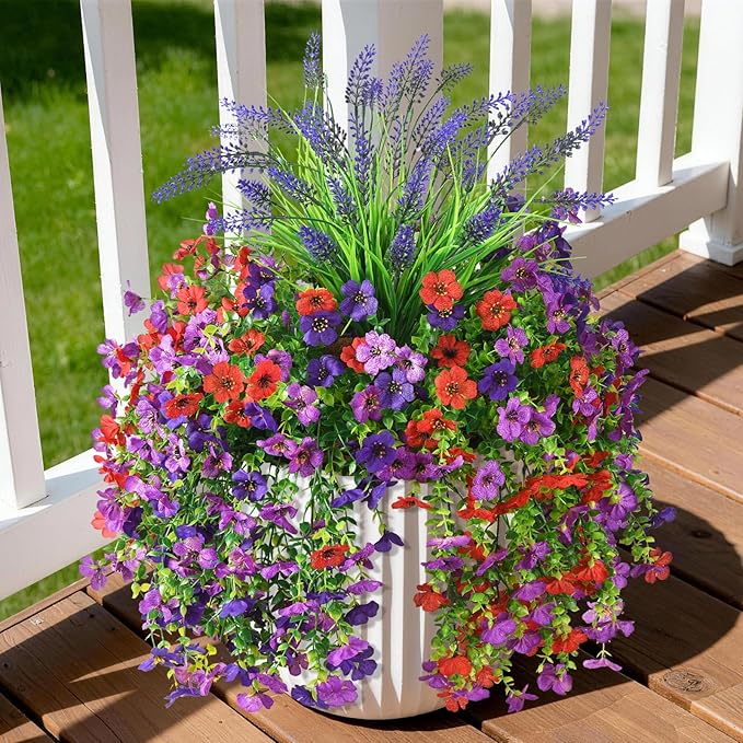 Artificial Fake Hanging Flowers Plants for Outdoor Outside Decoration, Faux Silk Daisy Flower Realistic UV Resistant for Front Porch Patio Balcony Garden Yard Indoor Planter Home Decor(Purple Red)