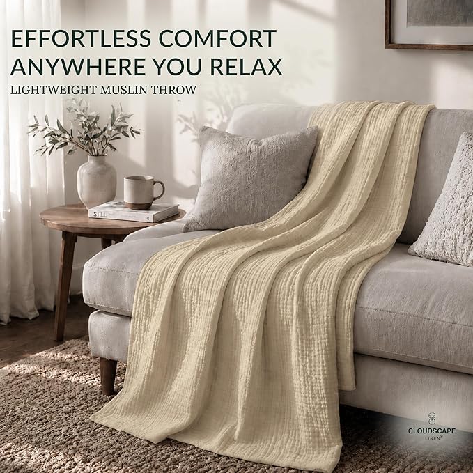 CLOUDSCAPE 4 Layer Muslin Blanket for Adults - 100% Cotton Throw Blanket - 50"x70" Oversized Gauze Throw for Sofa, Couch - Soft Lightweight Breathable Muslin Cotton Throws for Summer - Fog