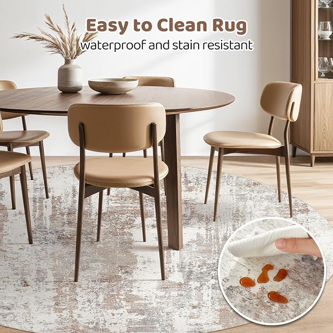 Round Rug Living Room Rugs: 6Ft Washable Circle Large Abstract Modern Soft Stain Resistant Non-Slip Indoor Floor Thin Carpet for Bedroom Nursery Office Dining Room Dorm Home House- Brown