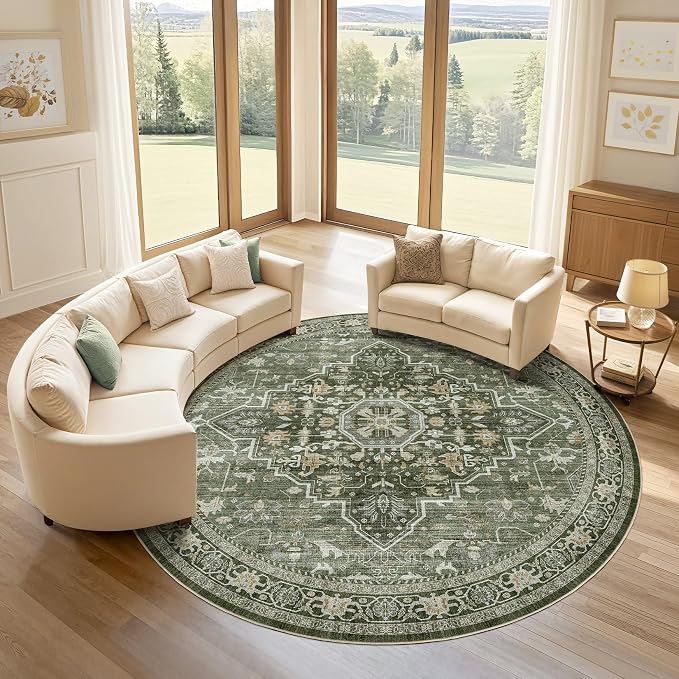 Round Rug Living Room Rugs: 8x8 Washable Boho Neutral Large Circle Soft Indoor Floral Stain Resistant Floor Farmhouse Carpet for Bedroom Nursery Kids Playroom Office Dining Room- Dark Green