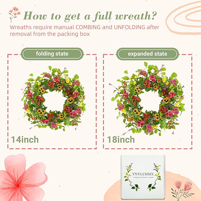 YNYLCHMX 18" Spring Summer Wreaths for Front Door, Artificial Floral Wreath with Ivy Leaves Daisies Pansies Rose Leaves, Green Foliage Wreath for Wall Window Farmhouse Party Holiday Home Decor