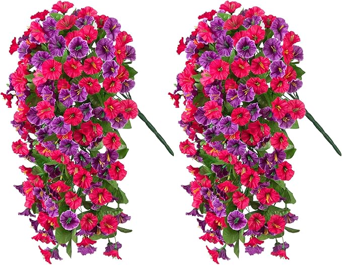 INXUGAO Artificial Fake Hanging Flowers Plants for Outdoor Spring Summer Decoration, 2PCS Faux Silk Morning Glory Long Vines Stems UV Resistant Look Real for Outside Home Porch Patio, Hot Pink Purple