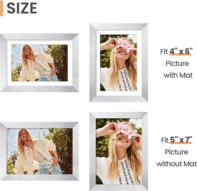 upsimples 5x7 Picture Frame, Display Pictures 4x6 with Mat or 5 x 7 Without, Wall Hanging Photo Frames, Silver, 1 Pack