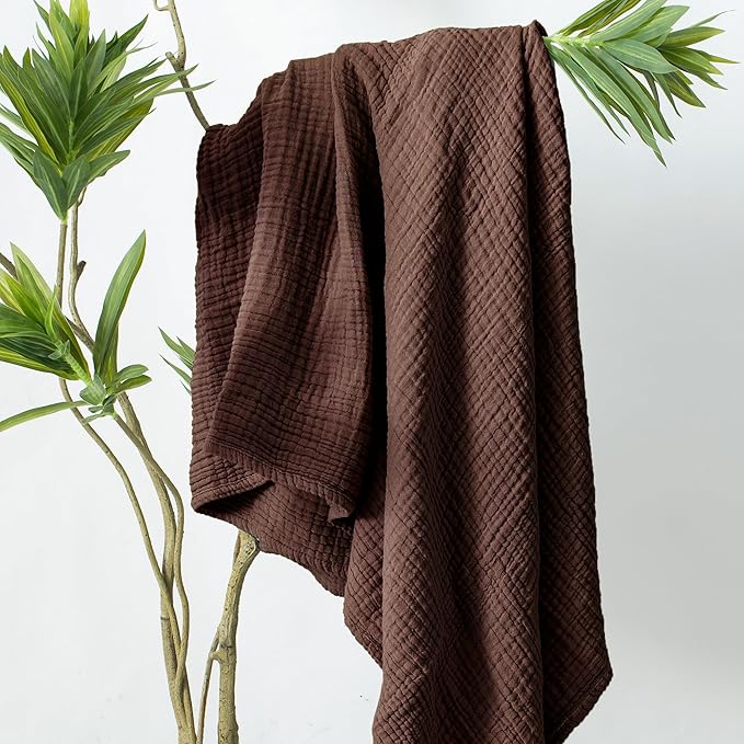 Carriediosa 100% Cotton Muslin Throw Blanket 108" X 90" King Size，4-Layers Summer Gauze Throws for Bed Couch，Soft Lightweight Breathable Linen Blankets Bedspread for Adults All Season，Dark Brown