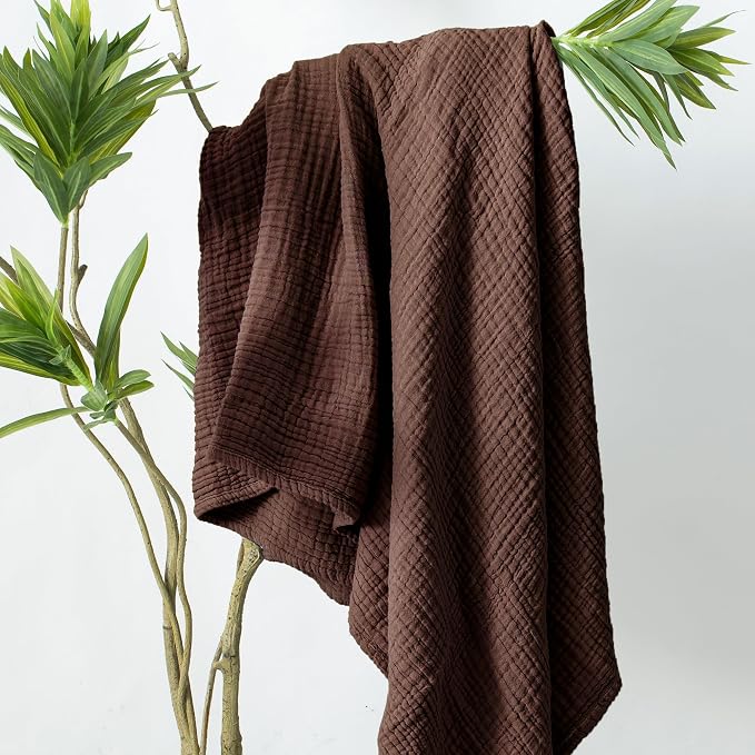 Carriediosa 100% Cotton Muslin Throw Blanket 50" X 70" Throw XL Size，4-Layers Summer Gauze Throws for Bed Couch，Soft Lightweight Breathable Linen Blankets Bedspread for Adults All Season，Dark Brown