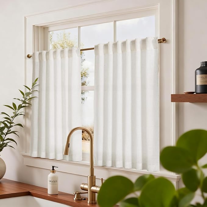 Jowels Natural Linen Cafe Curtains 36 Inch Long 2 Panels for Kitchen | Ivory Light Filtering Sheer Curtain,Back Tab Pocket Pleated Look,Modern Farmhouse Textured Privacy Drapes Tiers Over Sink