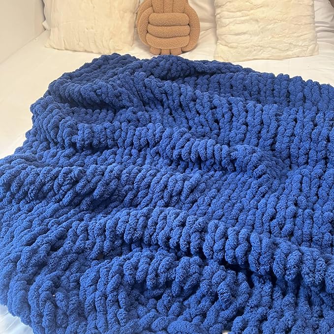 Soft Chunky Knit Throw Blanket for Couch, Cozy Warm Knitted Blankets | Hand Knit with Jumbo Chenille, Lightweight Warm Fluffy Decor for Women, Mom, Her & Girls, Sofa, Chair, Bed,40"×40"(Navy Blue)