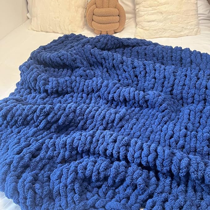 Soft Chunky Knit Throw Blanket for Couch, Cozy Warm Knitted Blankets | Hand Knit with Jumbo Chenille, Lightweight Warm Fluffy Decor for Women, Mom, Her & Girls, Sofa, Chair, Bed,48"×71"(Navy Blue)