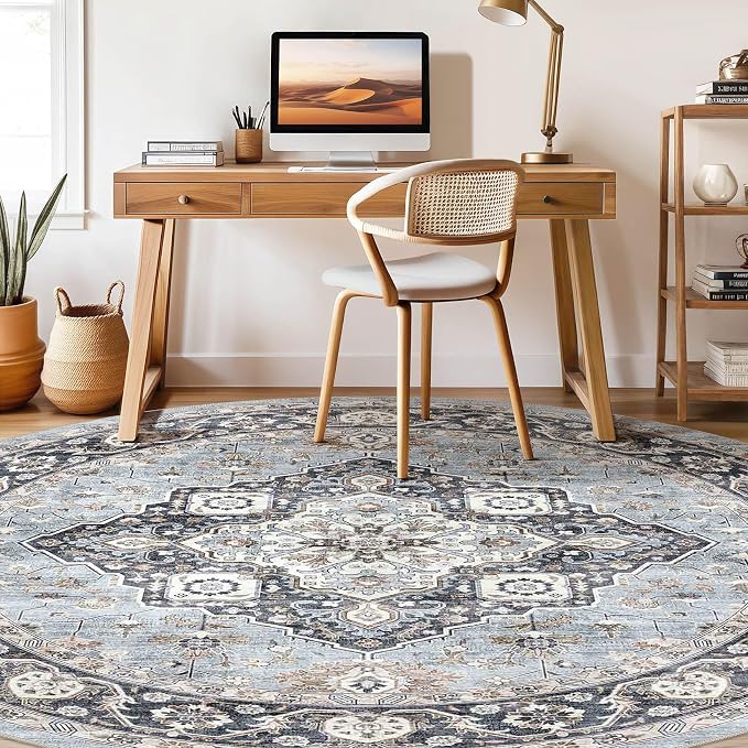 Round Rug Living Room Rugs: 10x10 Washable Boho Neutral Large Circle Soft Indoor Distressed Stain Resistant Floor Farmhouse Carpet for Bedroom Nursery Kids Playroom Office Dining Room Dorm- Blue Tan