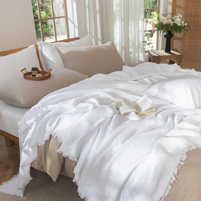 MooMee Muslin Blanket - 100% Cotton 4-Layer Gauze Throw Blanket with All-Around Fringe, Soft Breathable Lightweight Cooling Summer Blankets for Bed Couch (Bright White,Oversize Queen 98" x 98")