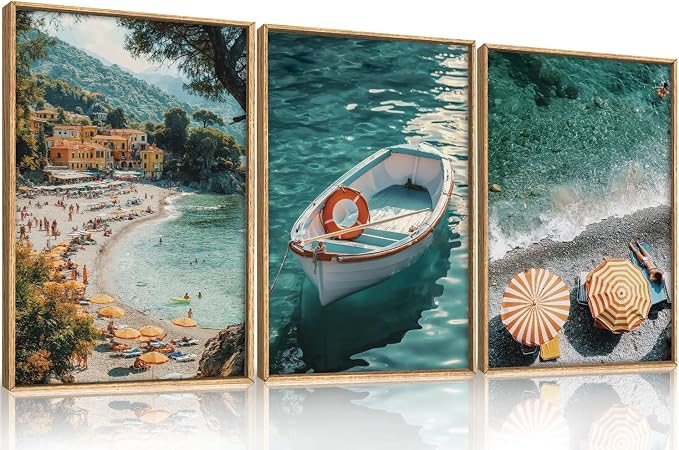 Italy Coastal Seascape Framed Canvas Wall Art Set,Mediterranean Amalfi Italian Blue Green Seaside Beach Decor,Natural Foreign Travel City Summer Artwork for Living Room,Farmhouse- 16"x24"x3