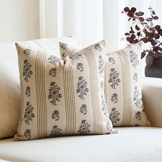Amor Virisso Floral Throw Pillow Covers 24x24 Set of 2 Block Print Pillow Covers Neutral Floral Striped Farmhouse Decorative Pillow Covers for Sofa Couch Bed, Yellow