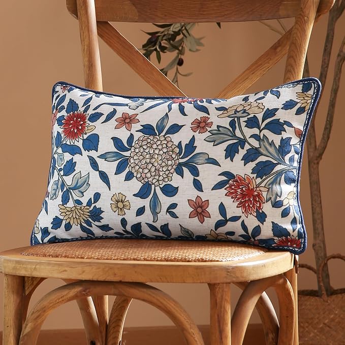 patdrea Designer Vintage Linen Throw Pillow Cover,12"x20",Set of 2-Ivar A | Decorative Pillow Cover,Blue and White Floral Pattern,Pillow Case for Couch Living Room Bedroom Sofa Outdoor