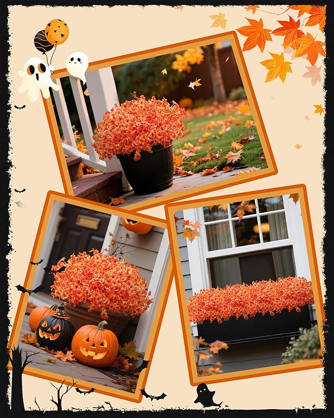 Artificial Fake Mums Flowers for Fall Outdoors Decor, 16 Bundles of Lifelike UV Resistant Orange Silk Daisies – Ideal for Porch, Garden, Yard, Planter, Halloween & Thanksgiving Autumn Decoration