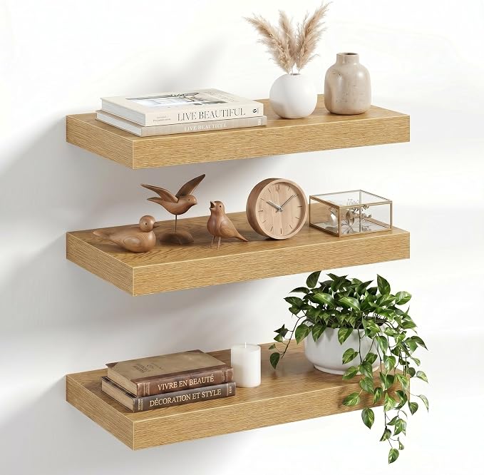16" Floating Shelves for Wall, Set of 3, 8" Deep, 1.5" Thick, Oak Finish | Rustic Wood Wall Shelves with Invisible Brackets, Storage and Display for Bathroom, Bedroom, Living Room or Kitchen
