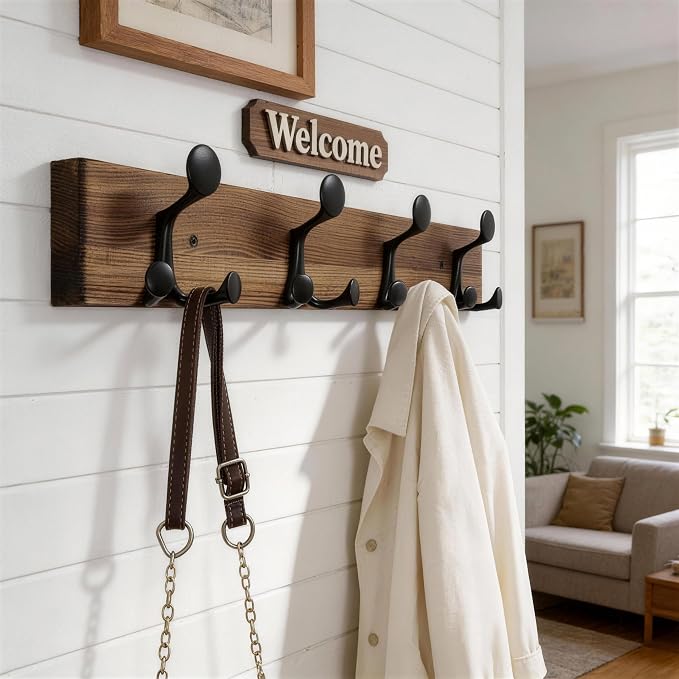 WEBI Coat Rack Wall Mount,24" Solid Wood Coat Hooks Wall Mounted Coat Hanger,16" Hole to Hole,Heavy Duty Hook Rack,4 Triple Hooks for Hanging Coats,Jacket,Hat,Backpack,Farmhouse,Brown,2 Packs