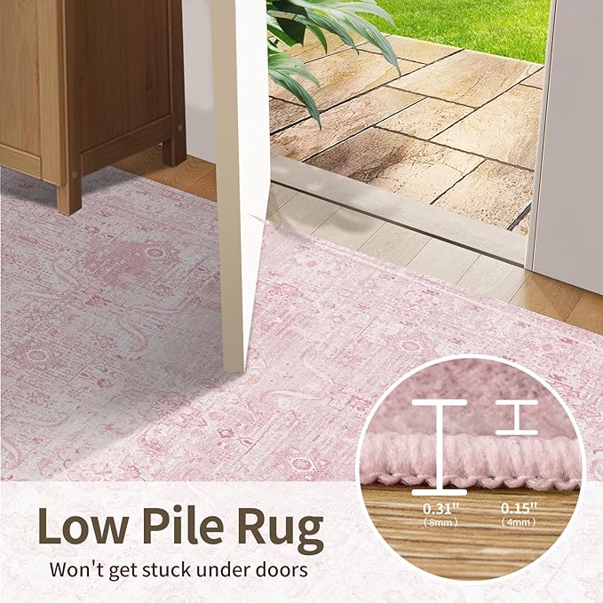 Rugxara 6x9 Area Rugs for Living Room Bedroom, Pink Large Washable Neutral Rug, Vintage Floral Retro Boho Non Slip & Low Pile Carpet for Indoor Dining Room, Classroom, Dorm, Nursery and Kids Room