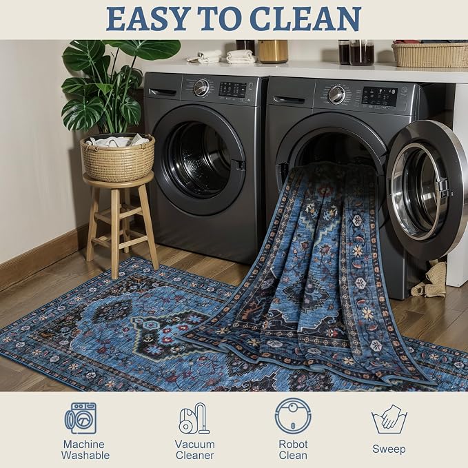 Tangsoo Blue 5x7 Area Rug Washable Rugs for Living Room, Oriental Indoor Non Slip Large Area Rugs, Vintage Print Carpet, Soft Low Pile Foldable Floor Rug for Bedroom Dining Room Dorm Blue/Black