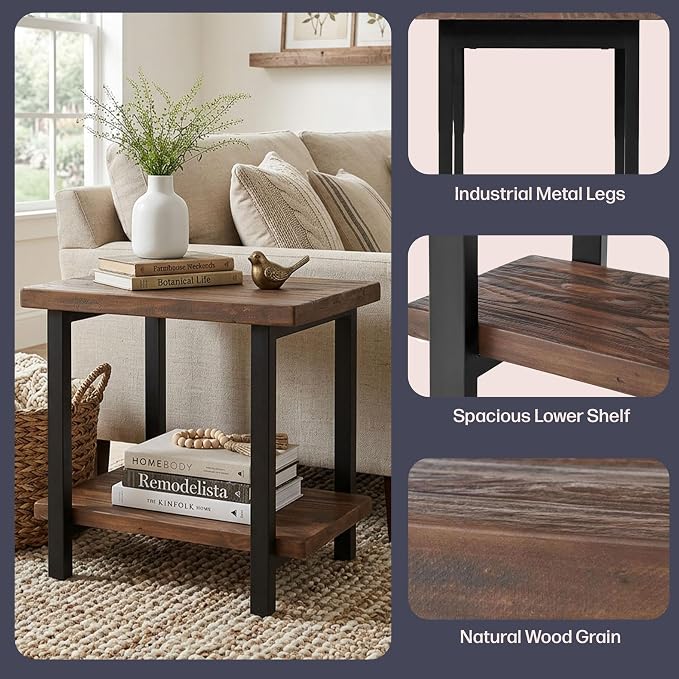 Alaterre Furniture Pomona Solid Wood 2-Tier End Table, Rustic Brown, 27” | Side Table or Nightstand with Storage Shelf and Metal Legs, Industrial Farmhouse Chair Side Table for Living Room or Bedroom
