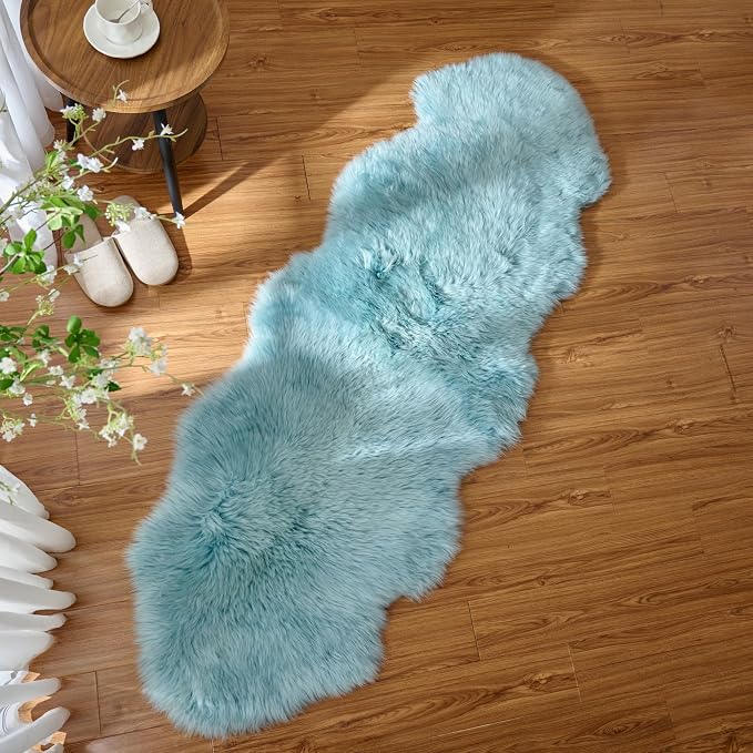 Premium Genuine Sheepskin Area Ruge - Real Wool Fur Shaggy Carpet | Fluffy Soft Natural Lambskin Rug Seat Chair Covers for Couch Sofa Bedroom Living Room(Light Blue,2×6 Feet Sheepskin)