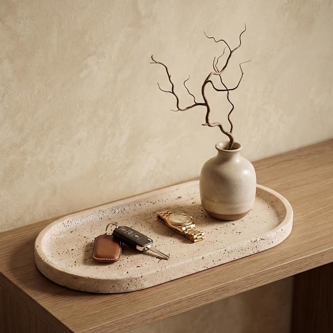 YKAJO Natural Travertine Beige Oval Marble Tray, 11.8x5.9 Vanity Organizer | Honed natural stone; jewelry & trinket dish, ring & key holder, soap & candle catchall; bath counter, dresser, coffee table