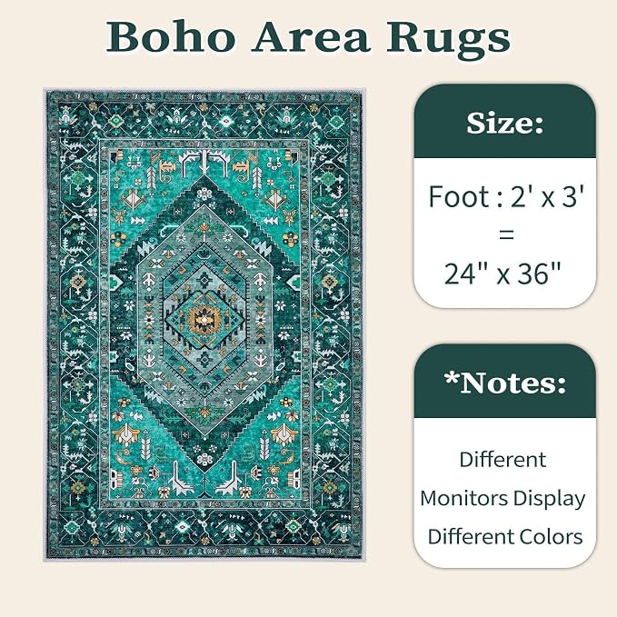 SERISSA Boho Rugs for Entryway, 2x3 Teal Entryway Rug Non-Slip Washable Small Area Rug, Ultra Soft Oriental Vintage Low-Pile Indoor Door Mat Floor Carpet for Entrance Bedroom Kitchen Bathroom
