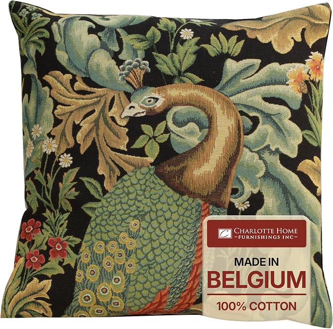 Charlotte Home Furnishings Inc Black Peacock Throw Pillow Covers 18x18, European 100% Cotton Jacquard Woven Fabric, Boho & Vintage Inspired Decorative Cushion for Living Room and Sofa