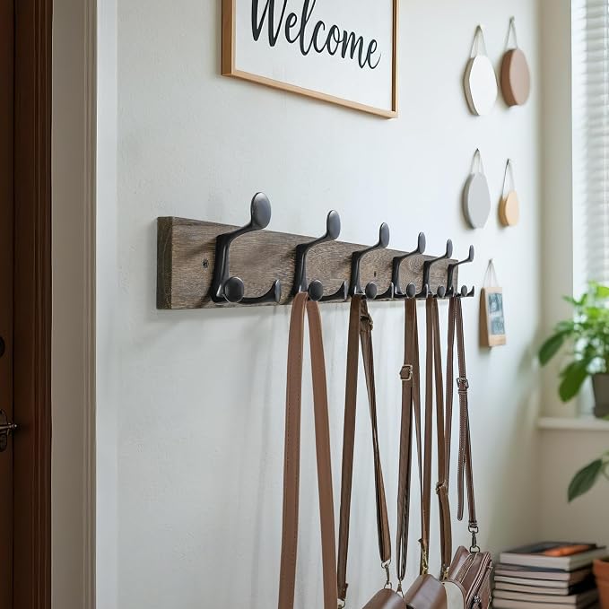 WEBI Coat Rack Wall Mount,36" Solid Wood Coat Hooks Wall Mounted Coat Hanger,16" Hole to Hole,Heavy Duty Hook Rack Rail,6 Triple Hooks for Hanging Coats,Jacket,Clothes,Hat,Backpack,Weathered Brown