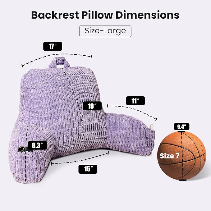 Large Reading Pillow for Sitting Up with Arms,Purple Corduroy | Back Pillow for Adults Backrest,19" Sitting Pillow Supports Reading,Gaming & Relaxing in Bed,Couch,Floor Corners