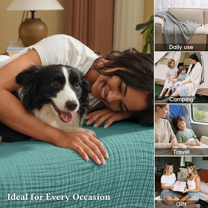 David's Home 100% Cotton Muslin Throw Blanket for College Dorm, 4-Layer Soft Breathable Lightweight Comfy Cozy Throw Guaze for Hot Sleepers, 3D Bubble Room Decor for Bed, Giftable, Teal, 50"x70"
