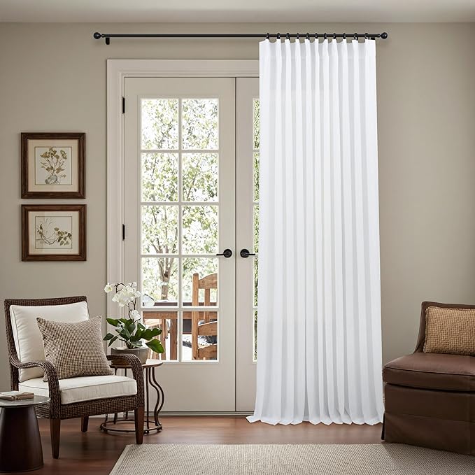 Extra Wide Pinch Pleated Linen White Curtains 90 Inches Long 70 Inch Width for Living Room Bedroom Modern Farmhouse Country Light Filtering Semi Sheer Pleat Window Curtain Drape Hooks Rings 2 Panels